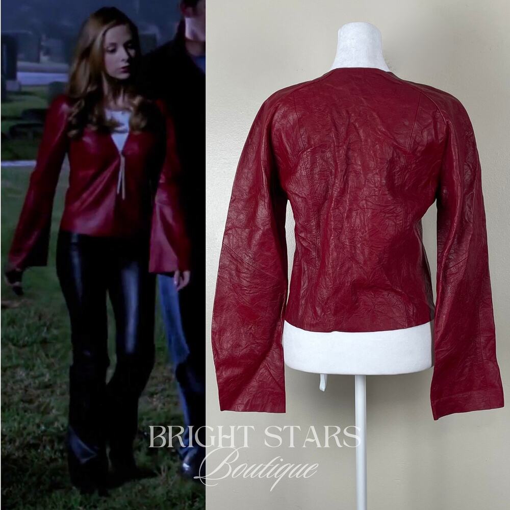 Rare Red Leather Jacket ASO Buffy the Vampire Slayer Tie Front Vintage Y2K - Picture 2 of 12
